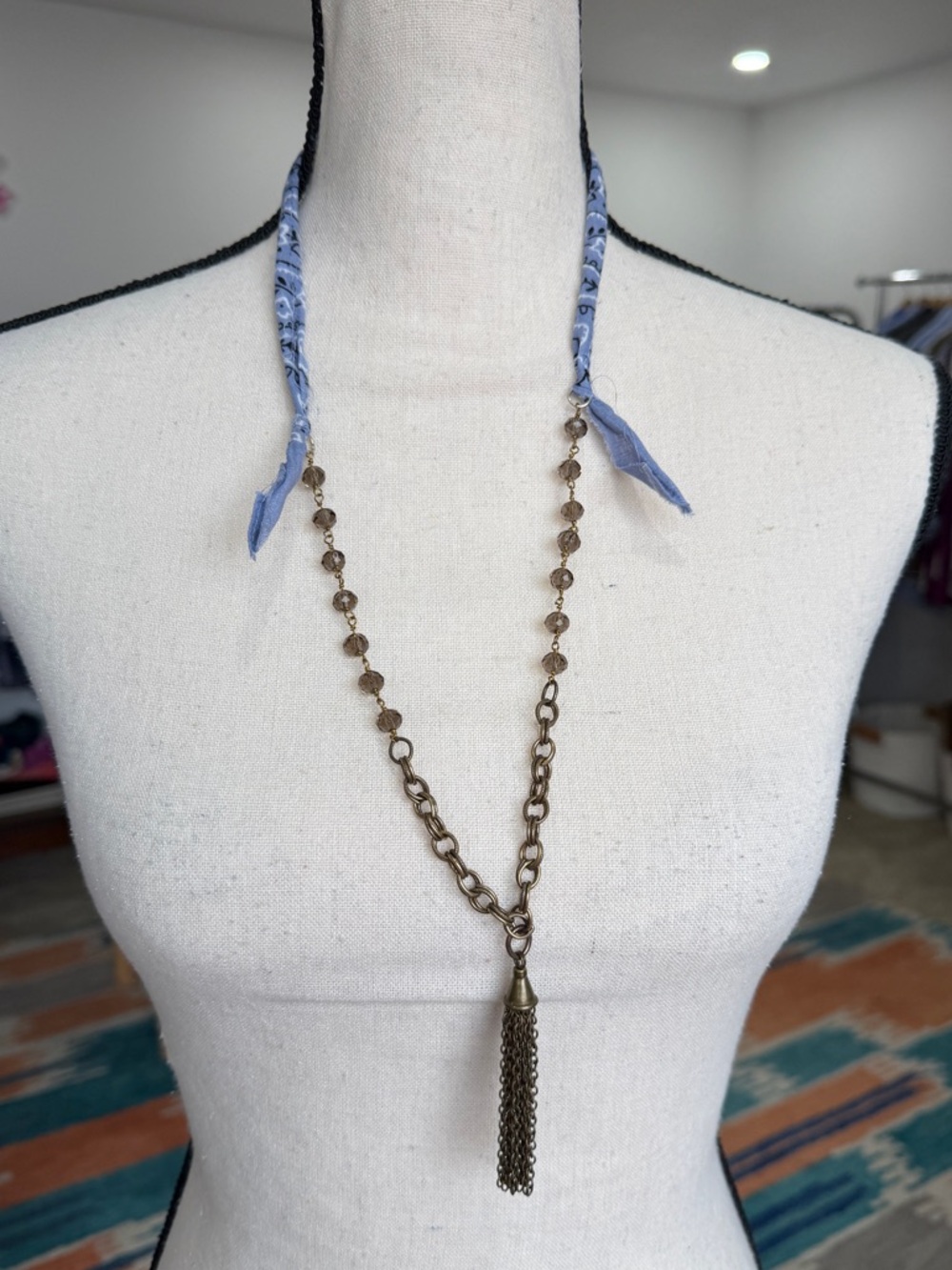 Reworked Upcycled Boho Bronze Tassel Necklace Light Blue Bandana Detail